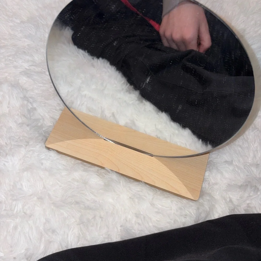 Modern Round Mirror with Wooden Base